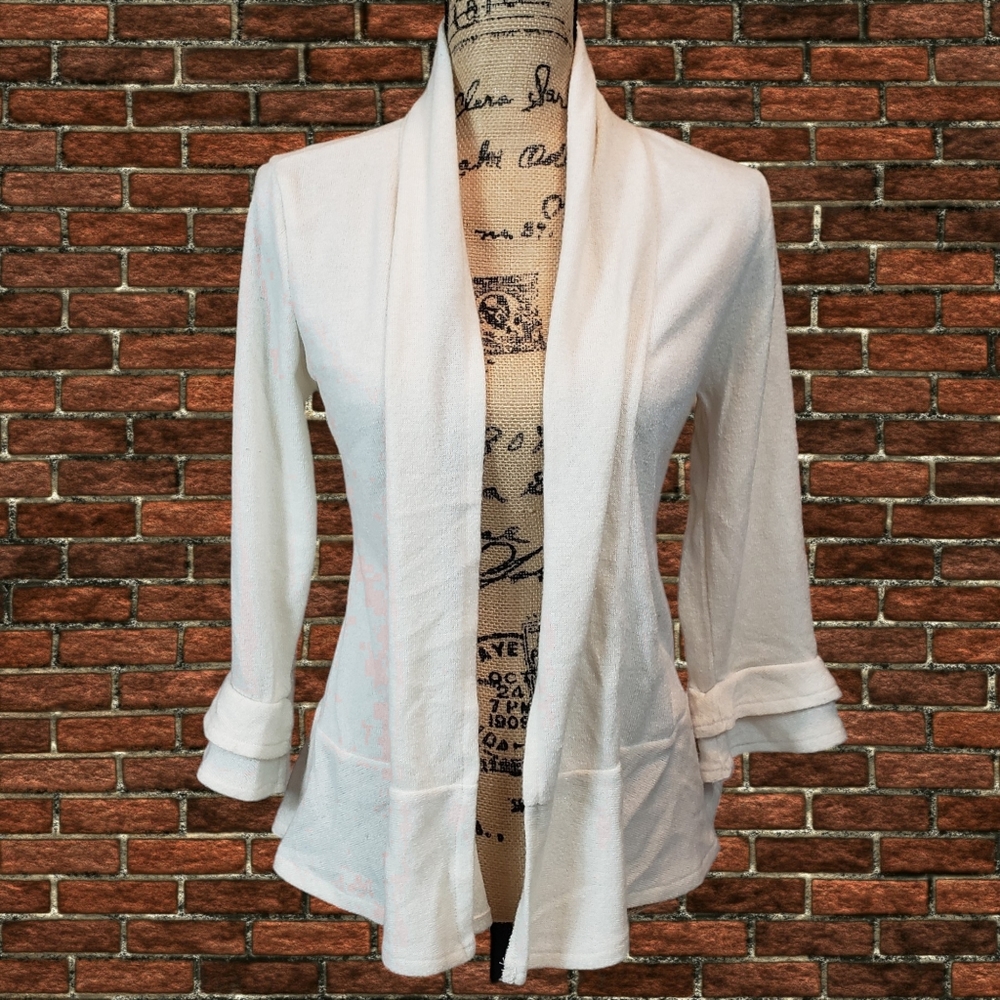 Rafaella Open Front Cream Ruffled Sweater Jacket / Cardigan